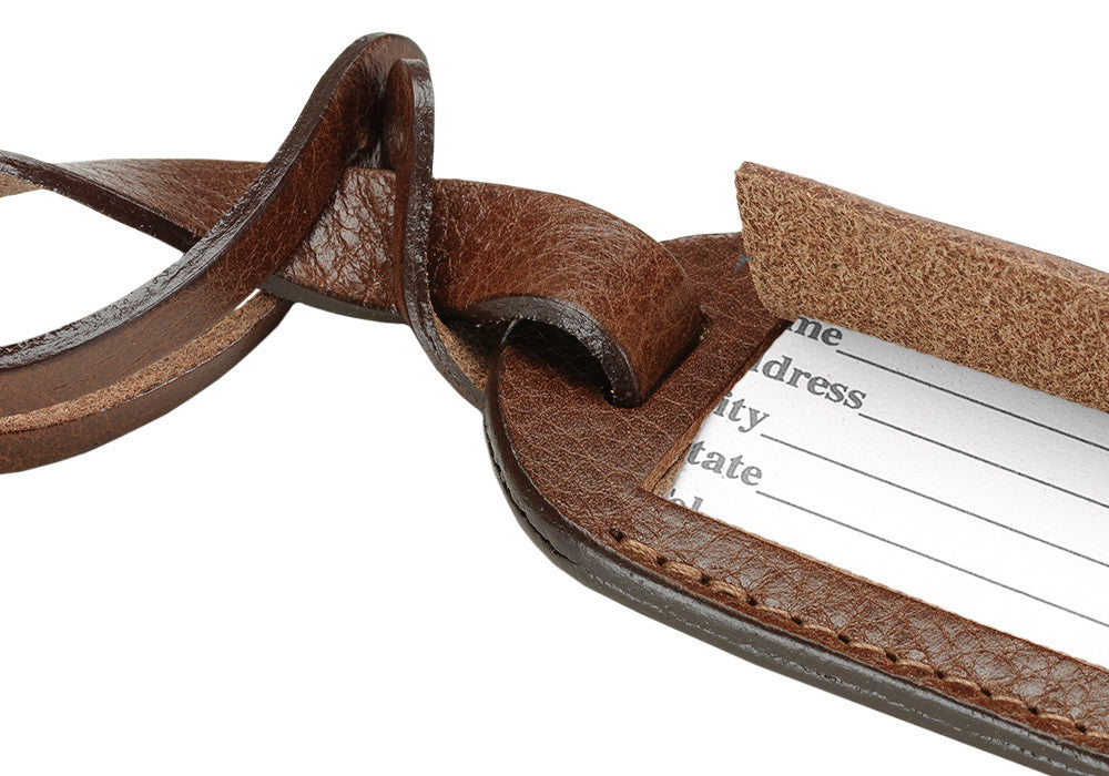 Close Up View of Leather Luggage ID Tag Chestnut