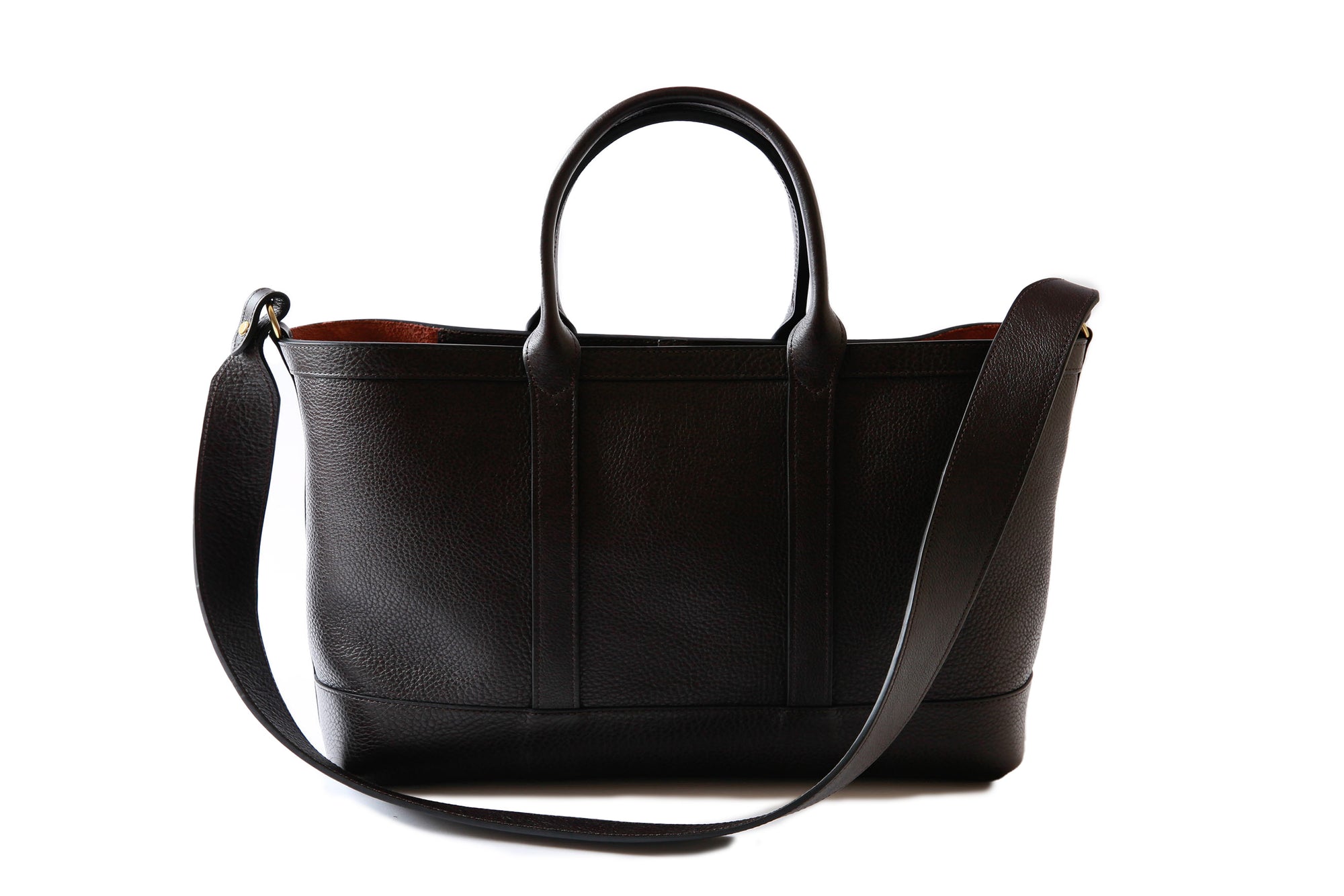 Leather Small Tote Chocolate|Front View w/ Strap