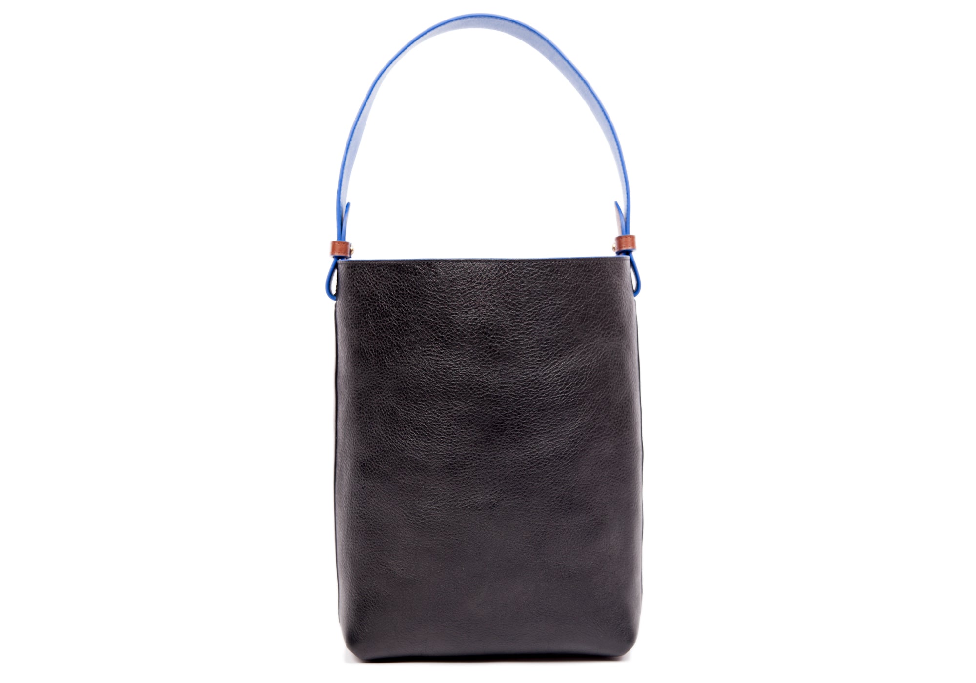 Leather Bucket Shoulder Bag Black-Indigo