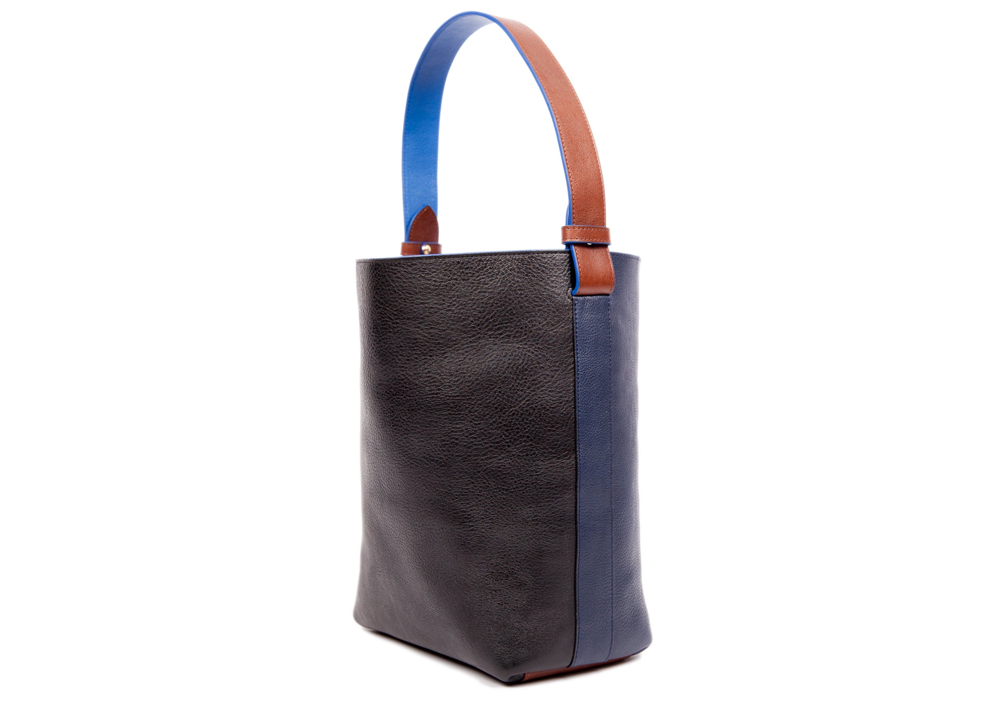 Leather Bucket Shoulder Bag Black-Indigo