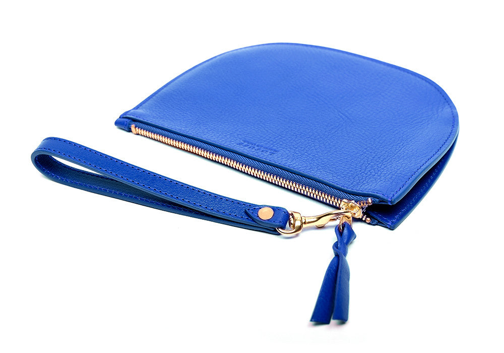 Front Leather View of Round Pouch Electric Blue