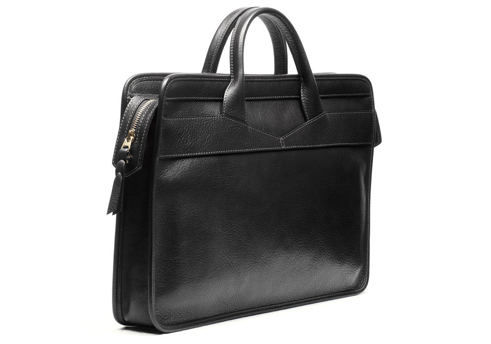 Front View of Leather Slim Zipper Briefcase Black