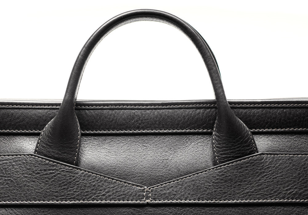 Leather Handle of Leather Slim Zipper Briefcase Black