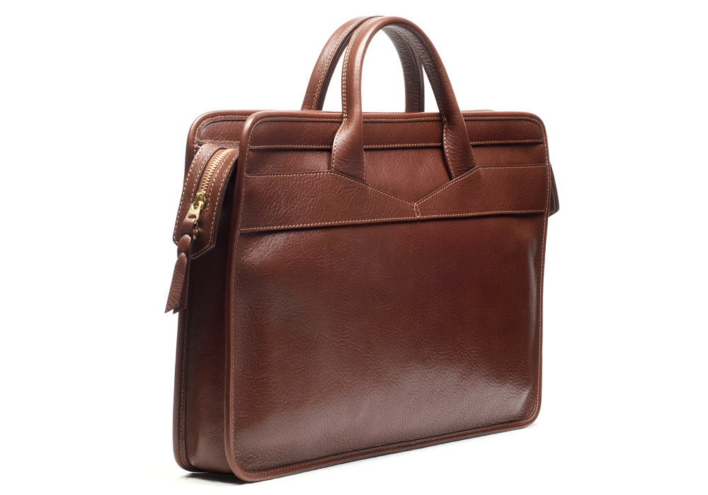 Back Leather View of Leather Slim Zipper Briefcase Chestnut
