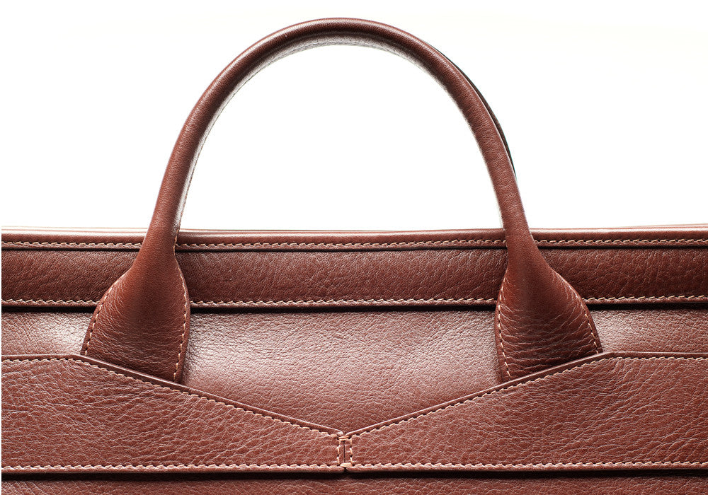 Top Leather Handle of Leather Slim Zipper Briefcase Chestnut