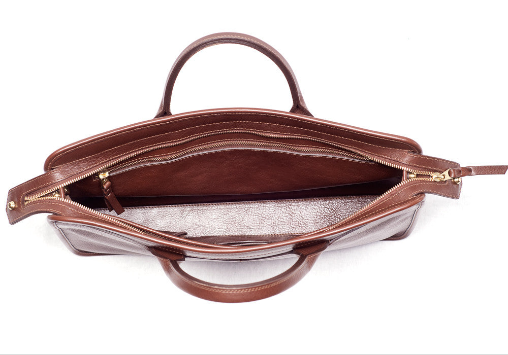 Inner Leather View of Leather Slim Zipper Briefcase Chestnut