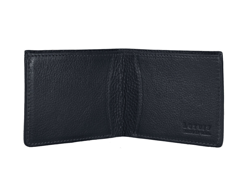 Front View Open of Two-Pocket Leather Bifold Wallet Navy