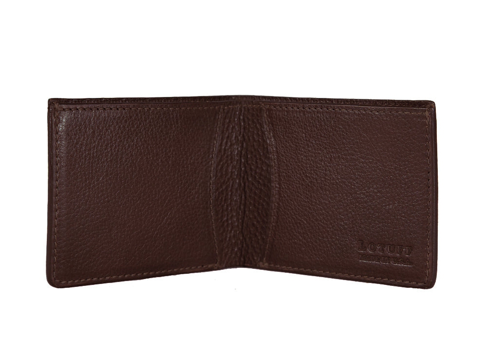 Front View Open of Two-Pocket Leather Bifold Wallet Chocolate