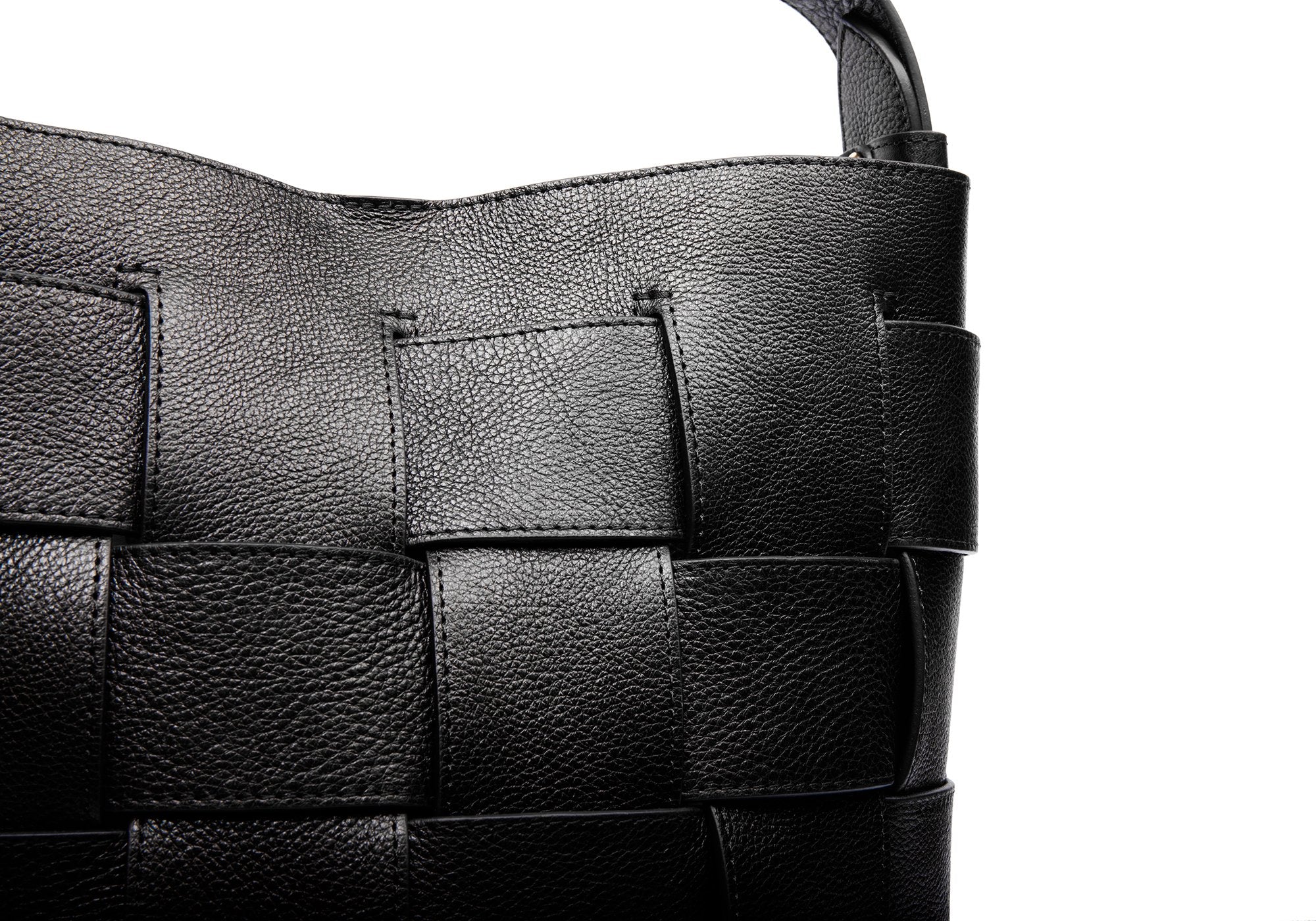 Woven Leather Bucket Shoulder Bag Black