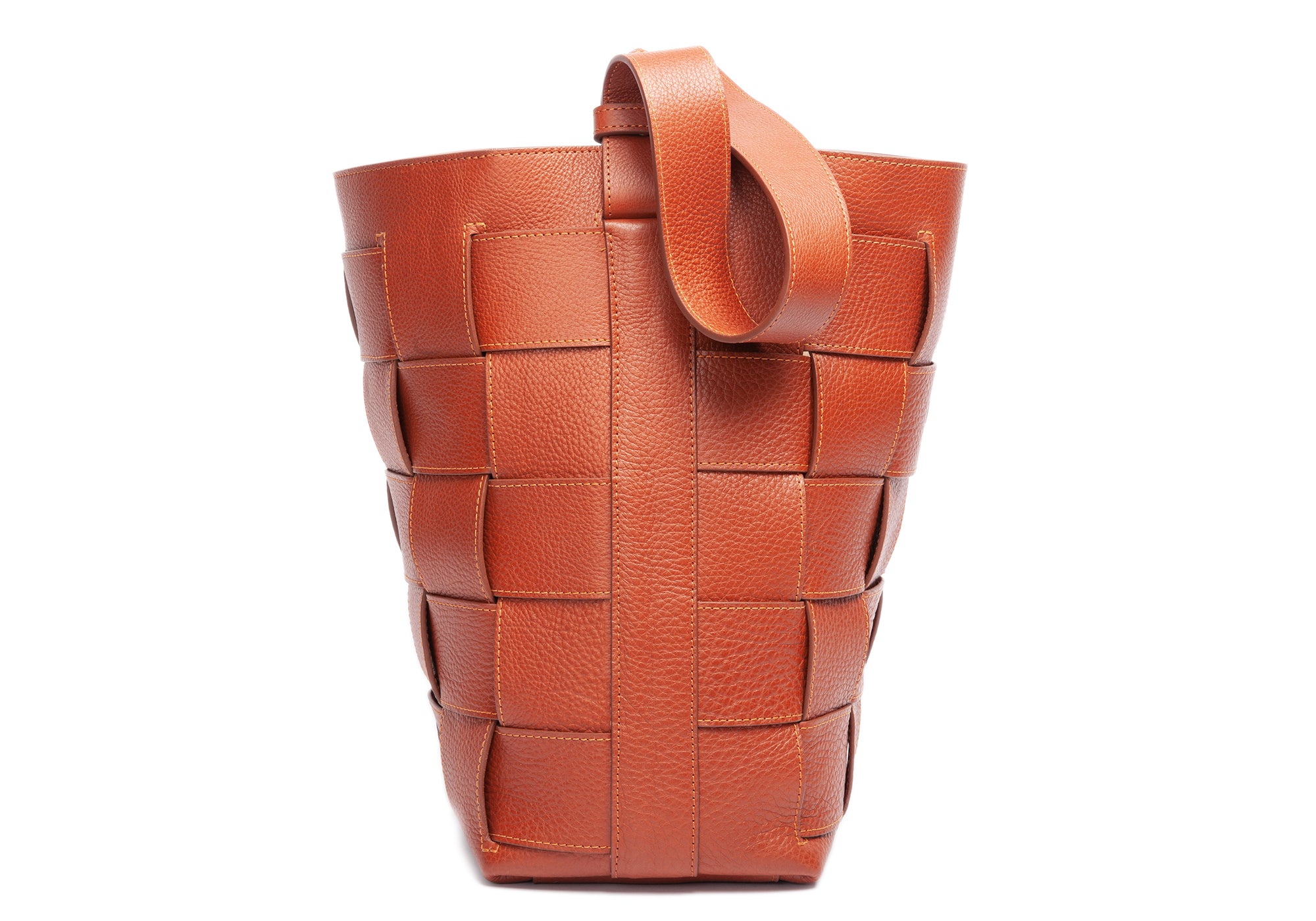 Woven Leather Bucket Shoulder Bag Saddle Tan