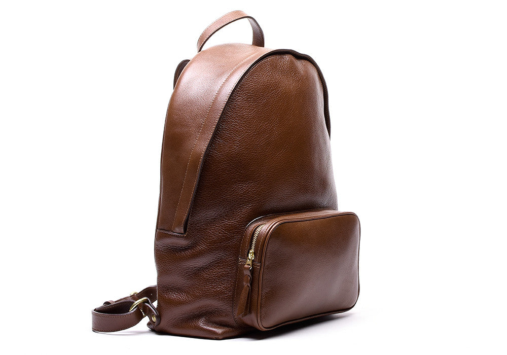 Front Leather View of Leather Zipper Backpack Chestnut