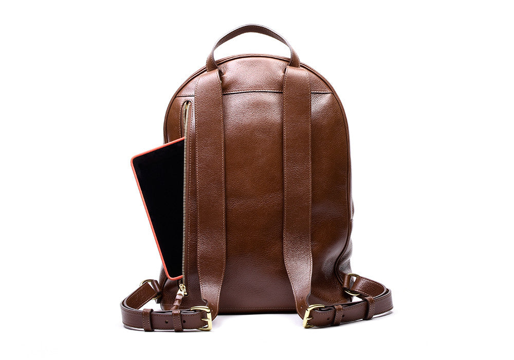 Back Leather Strap View of Leather Zipper Backpack Chestnut