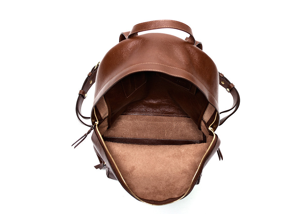 Inner Leather View of Leather Zipper Backpack Chestnut