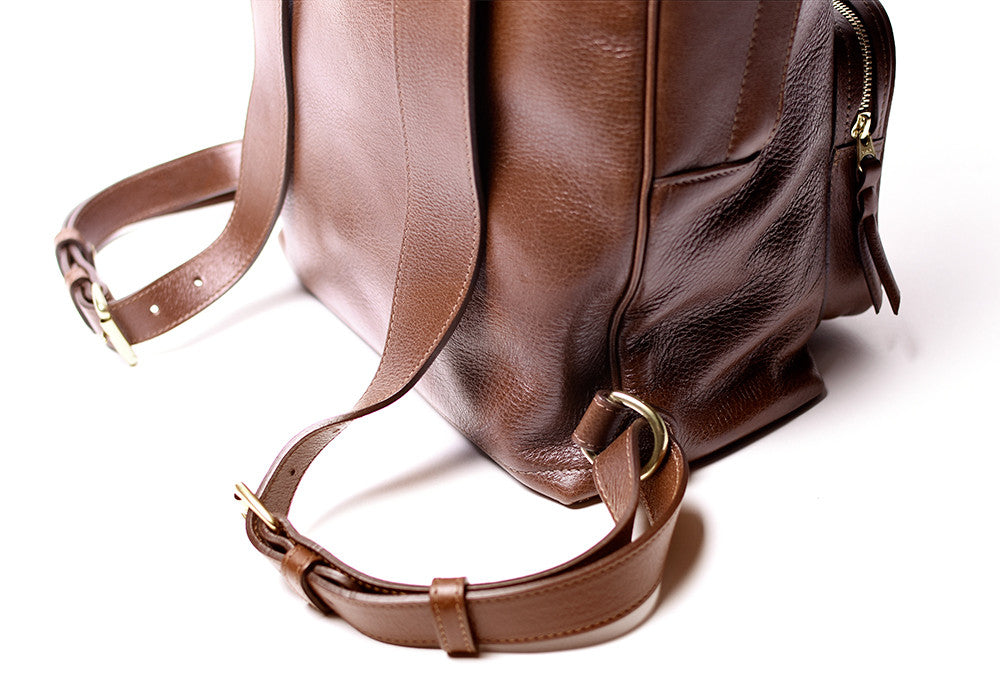 Leather Strap Bottom of Leather Zipper Backpack Chestnut