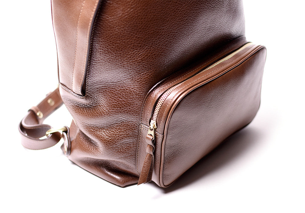 Front Leather Pocket of Leather Zipper Backpack Chestnut