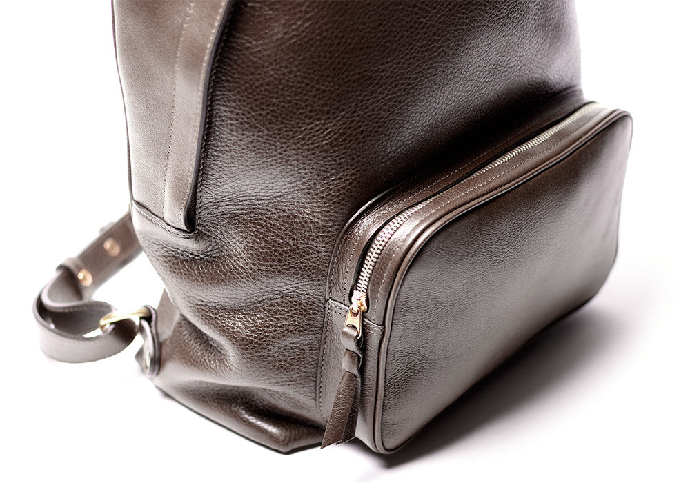 Front Leather Pocket of Leather Zipper Backpack Chocolate