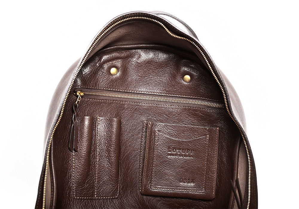 Inner Leather Pocket of Leather Zipper Backpack Chocolate