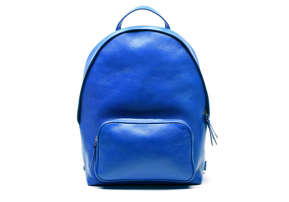 Front Leather View of Leather Zipper Backpack Electric Blue