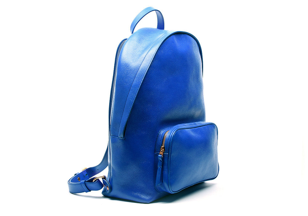 Side View of Leather Zipper Backpack Electric Blue
