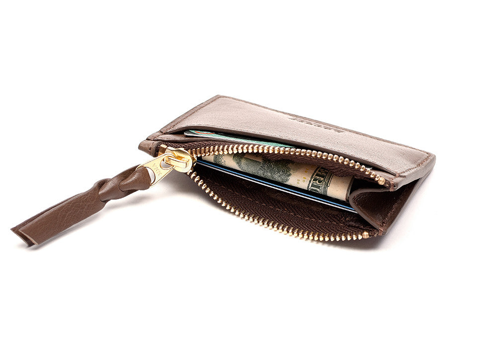 Side View Open of Zipper Credit Card Wallet Clay