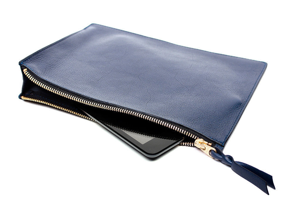 Front Leather View of No. 11 Pouch Indigo